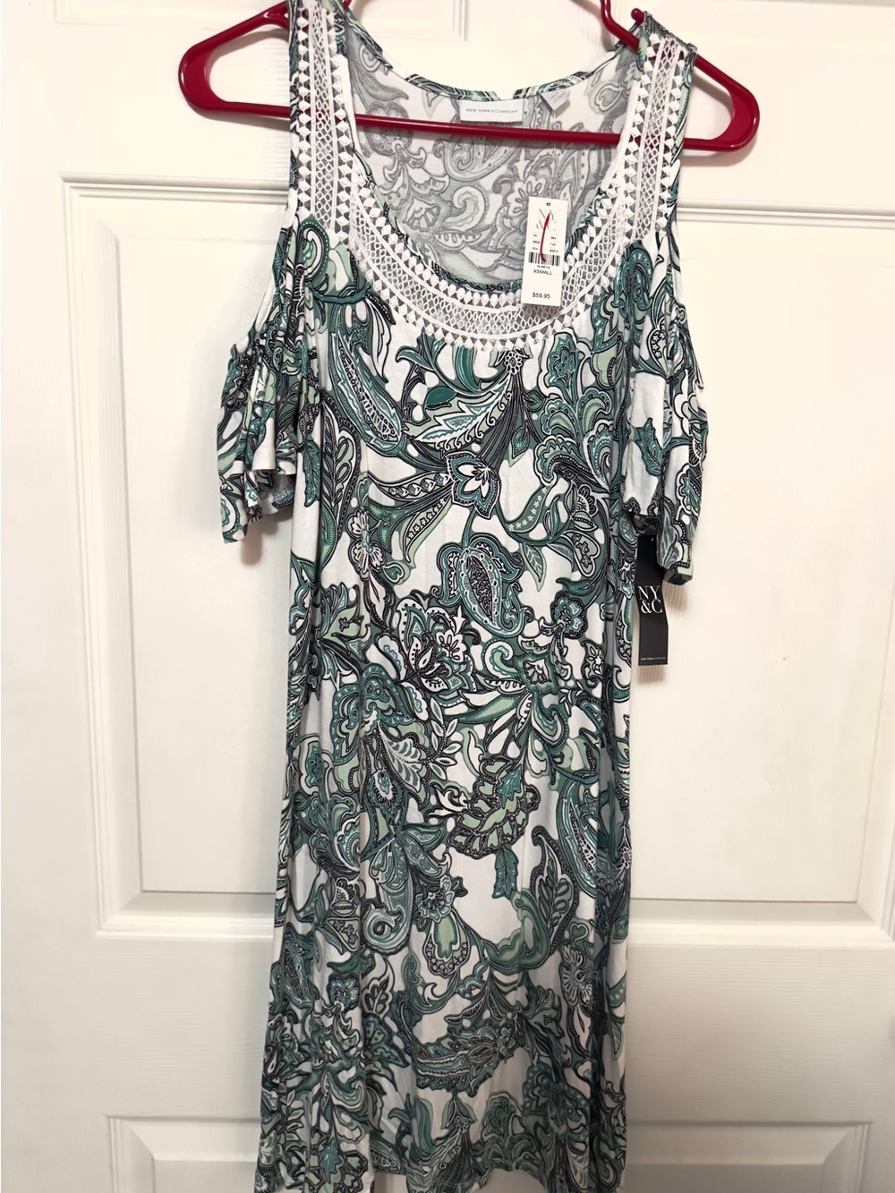 New York & Company White and Green Paisley Cold-Shoulder Dress
